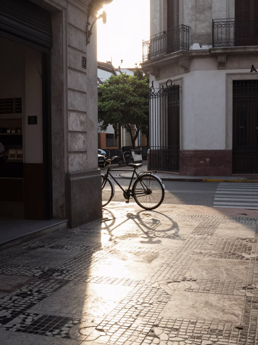Sunlit Buenos Aires Street Scene with Bicycle and Architectural Details in in Buenos Aires, Argentina