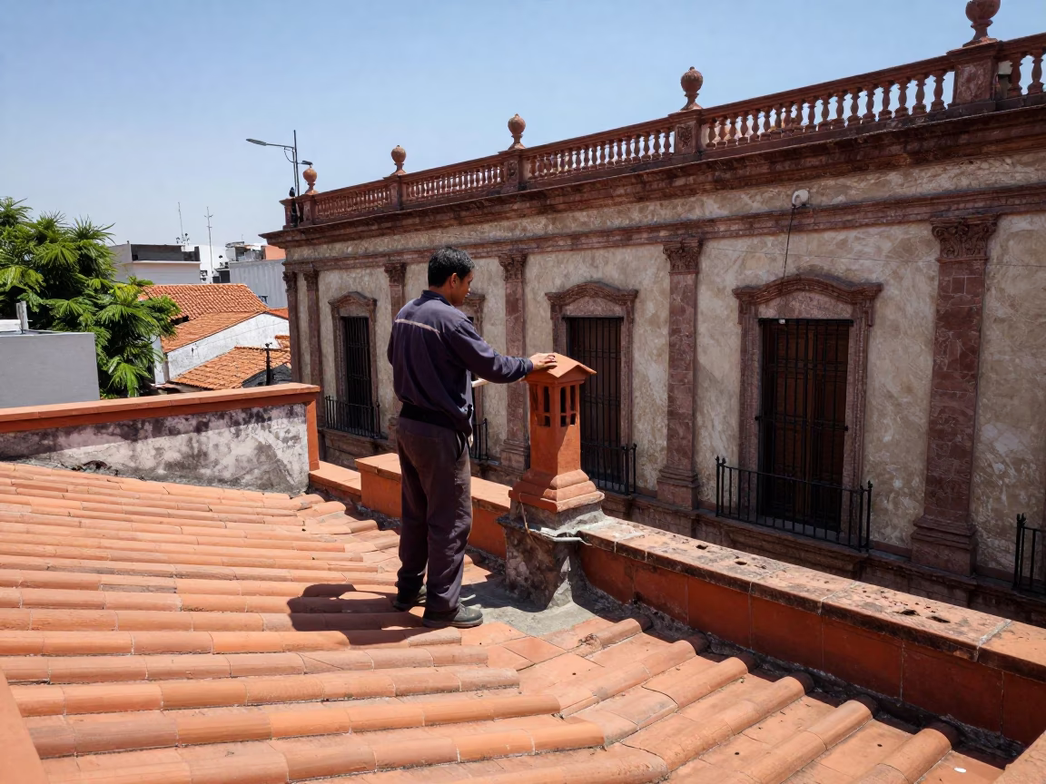 Sunlit Buenos Aires Street Scene with Chimney Sweep and Historic Architecture at Midday in in Buenos Aires, Argentina