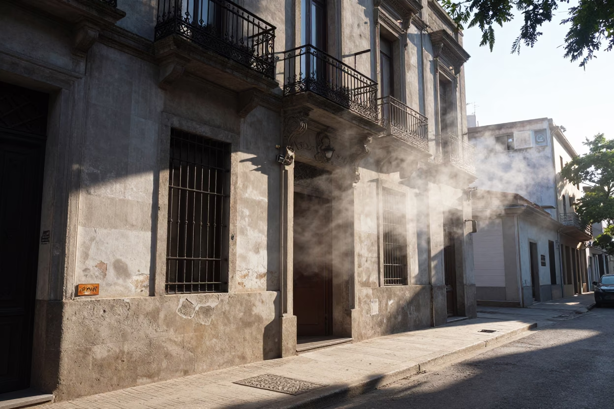 Sunlit Buenos Aires Street Scene with Steam and Local Morning Rituals in in Buenos Aires, Argentina