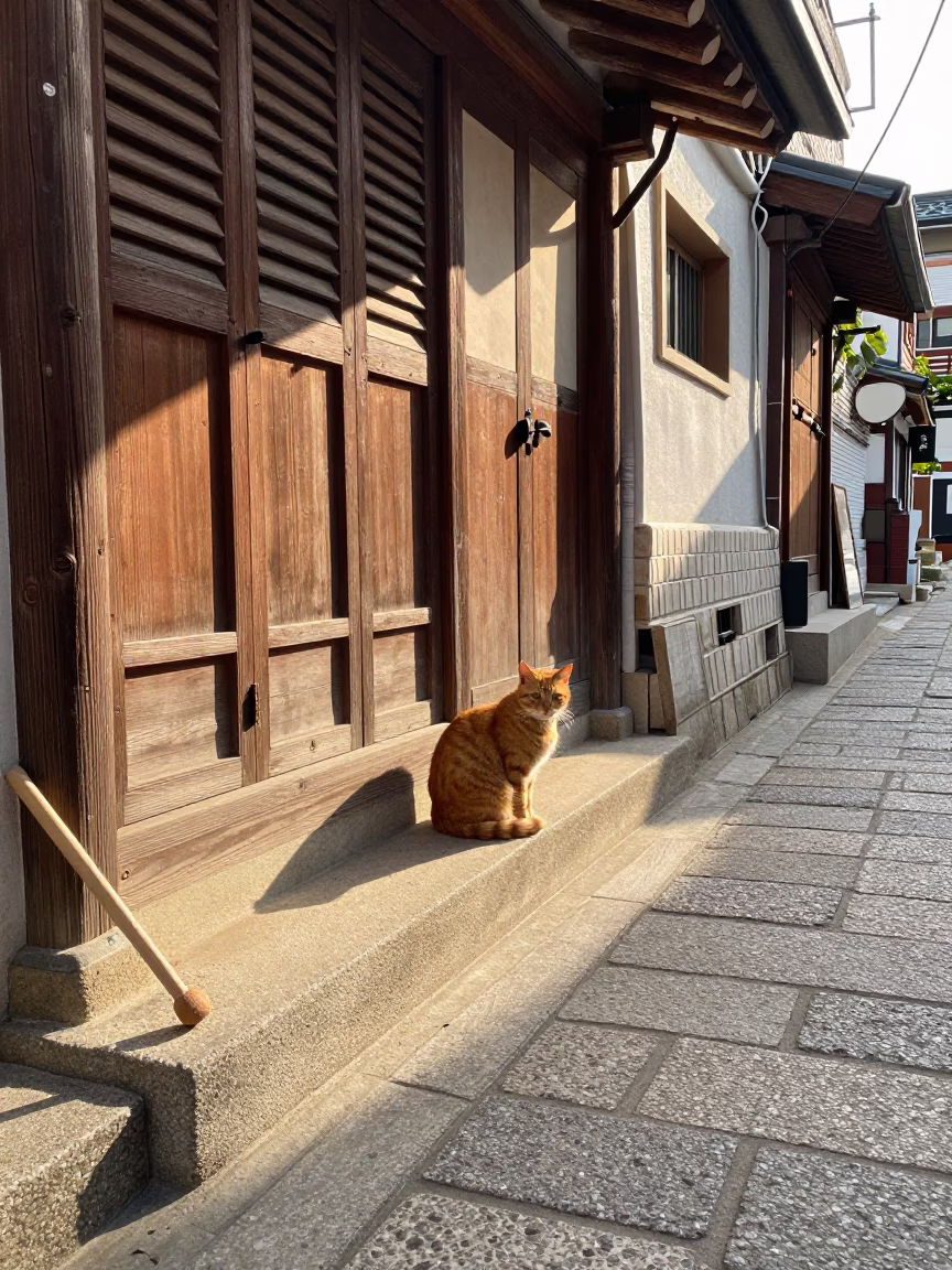 Sunlit Busan Alleyway with Orange Cat and Wooden Mallet in in Busan, South Korea