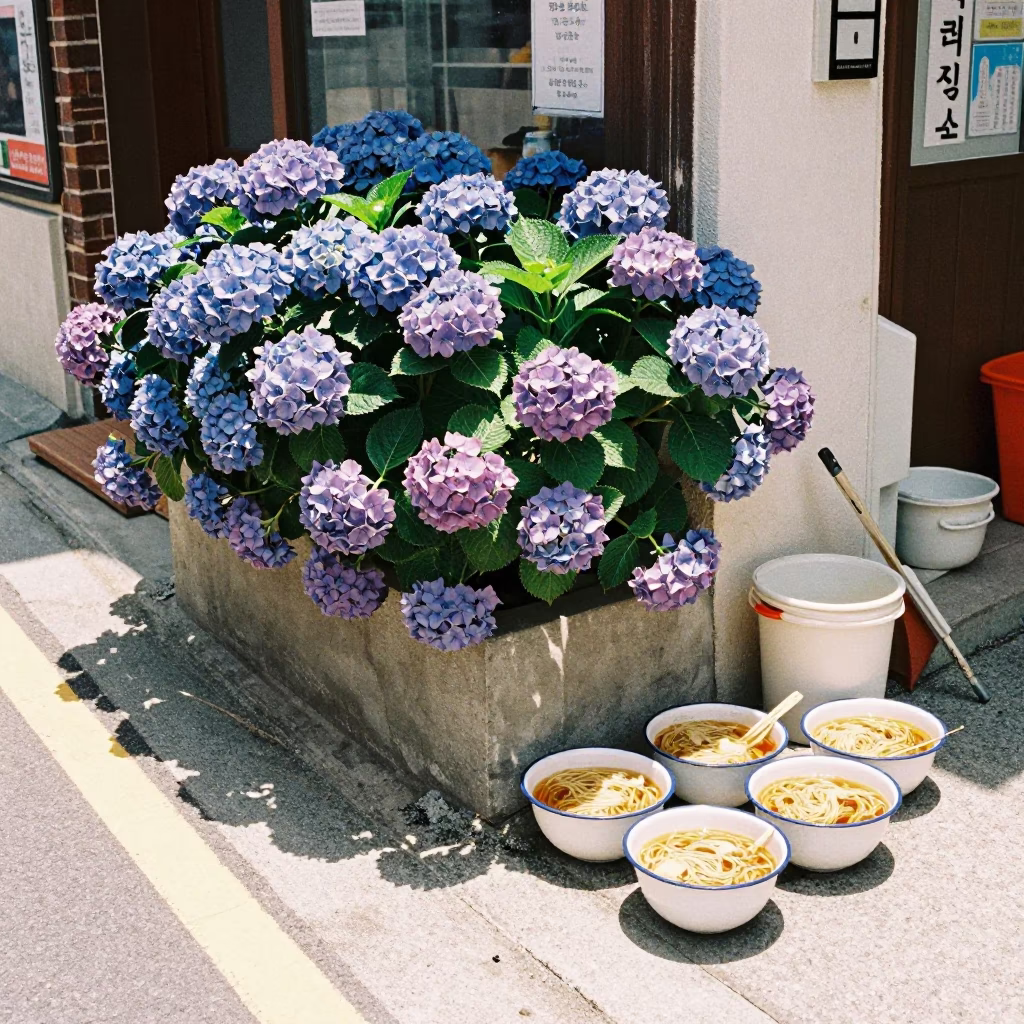 Sunlit Busan Street Corner With Hydrangeas And Enamel Bowls in in Busan, South Korea