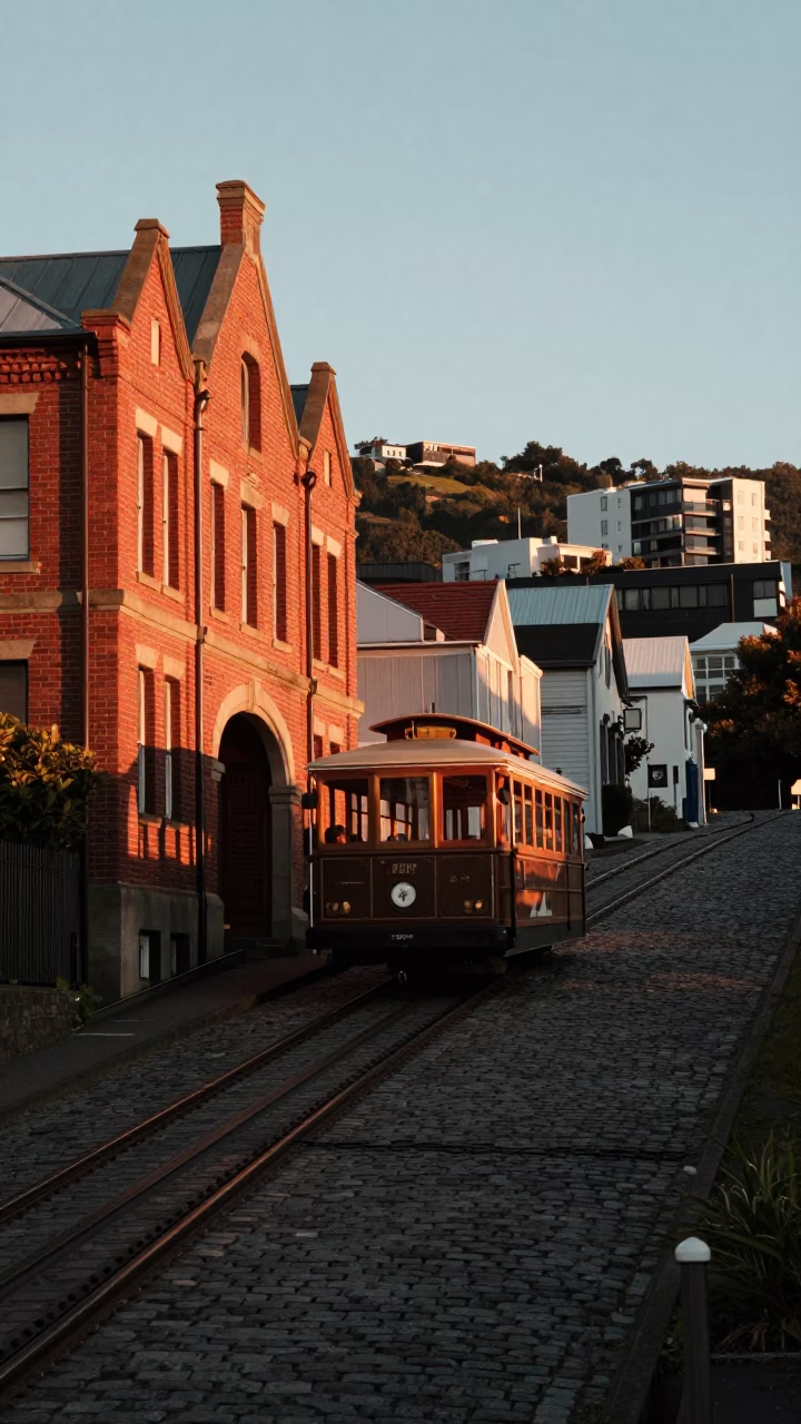 Sunlit Cable Car Climbing Wellington Hill Past Brick Buildings and Vintage Bicycles in in Wellington, New Zealand