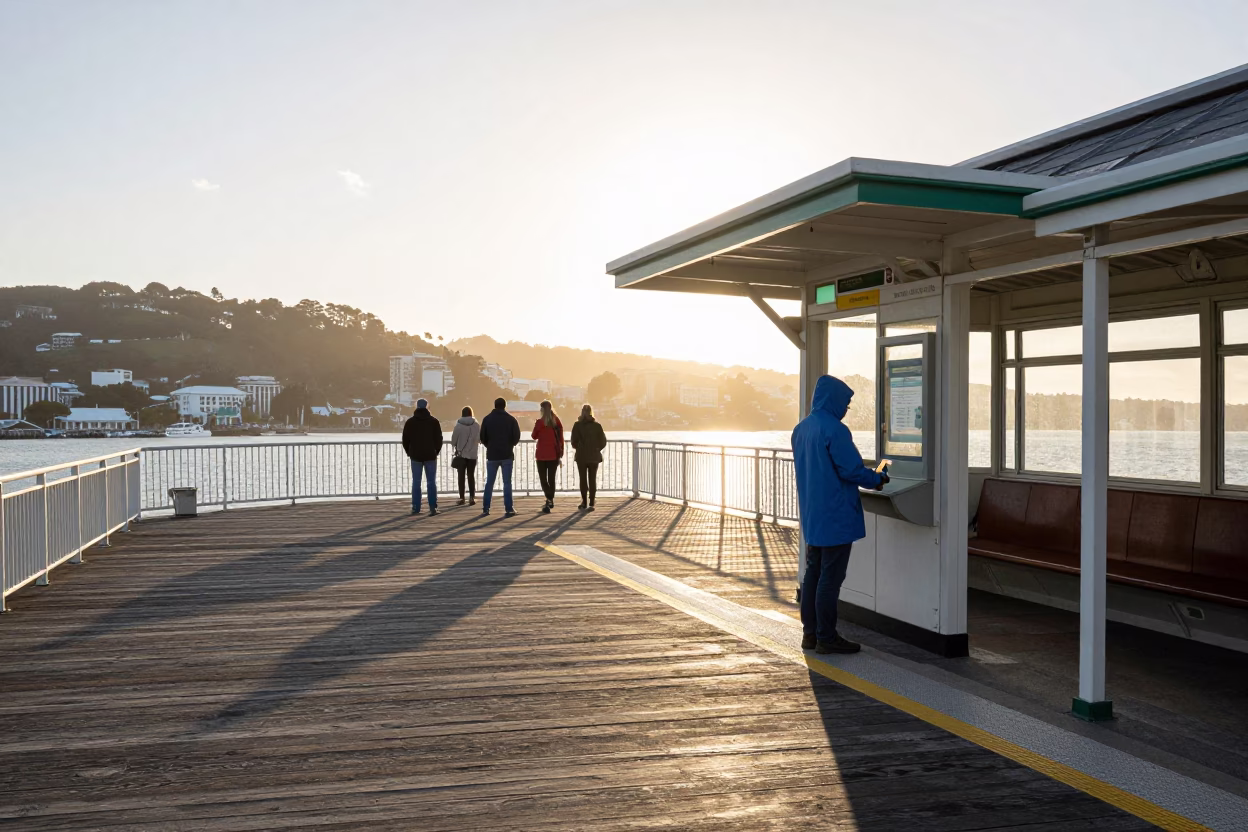 Sunlit Cable Car Station Platform in Wellington New Zealand with Morning Commuters in in Wellington, New Zealand