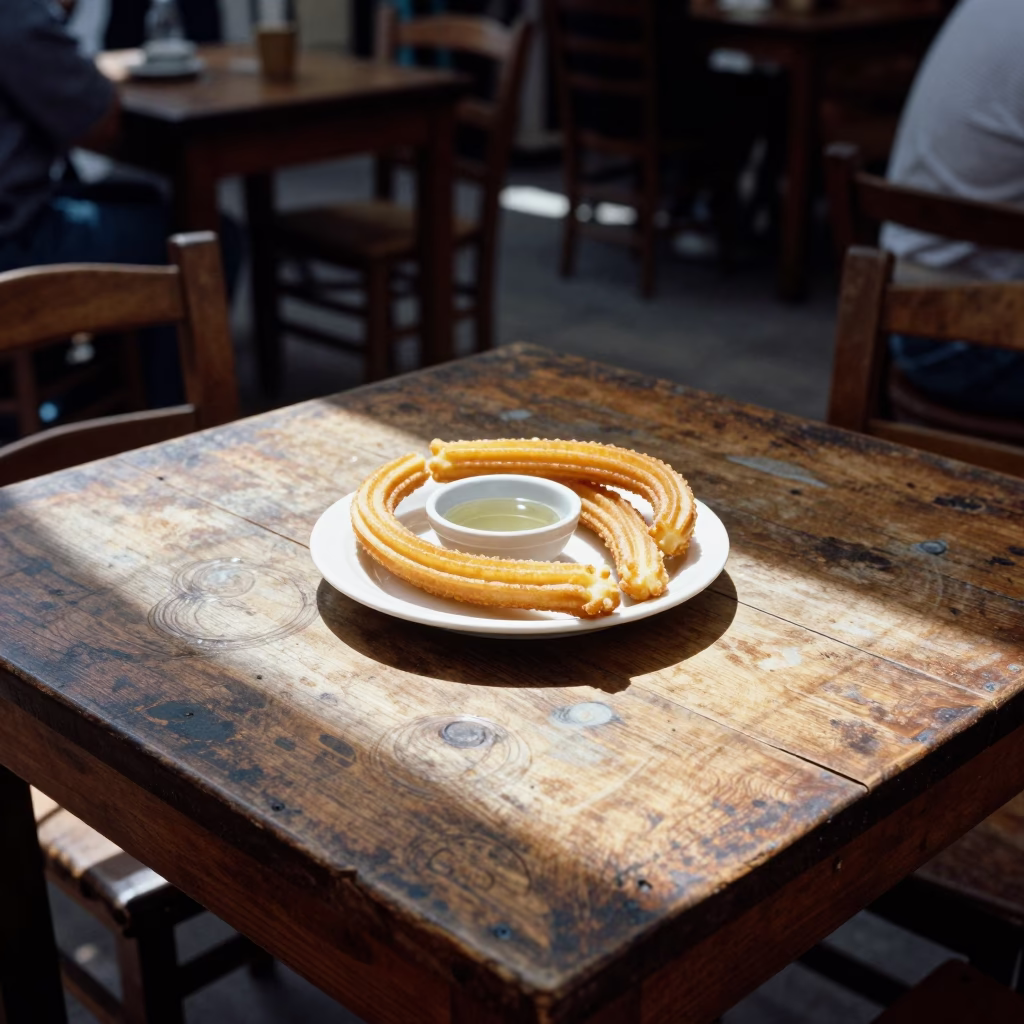 Sunlit Cafe Table with Churros and Water Rings in Izmir Turkey in in Izmir, Turkey