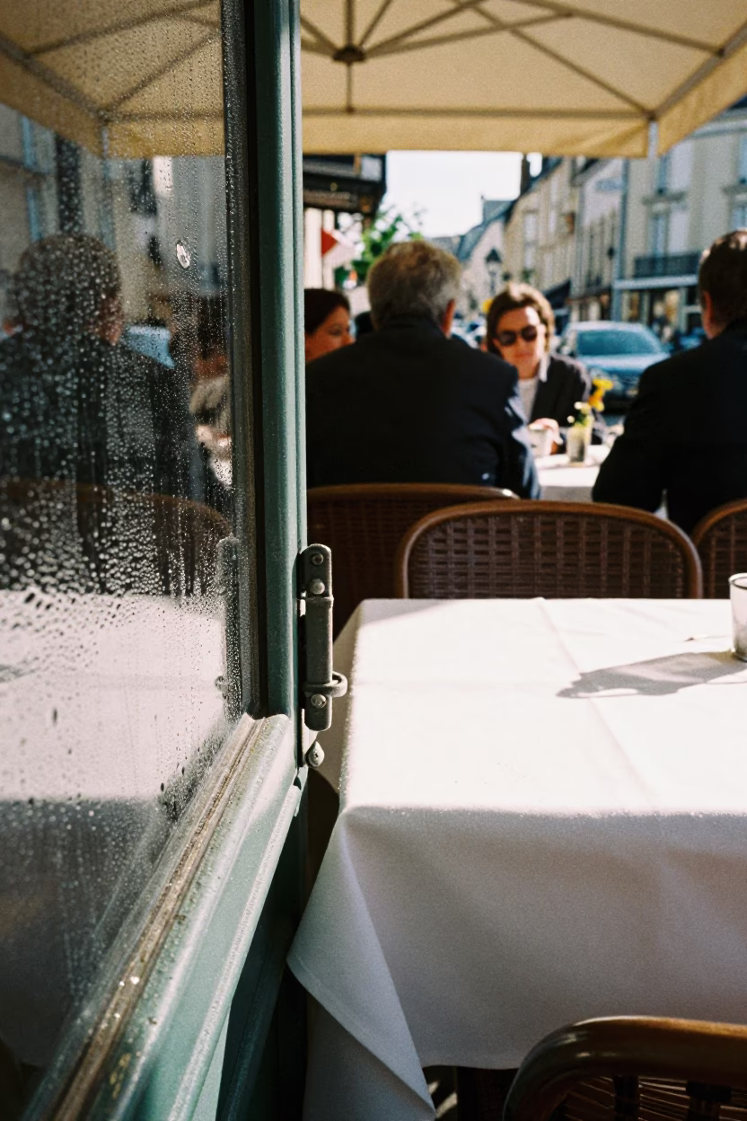 Sunlit Cafe Terrace in Nice France with Condensation on Metal Latch and Wicker Shadow in in Nice, France