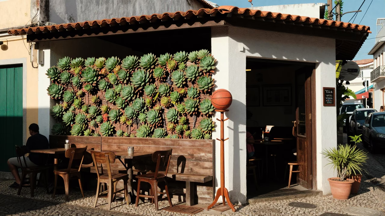 Sunlit Cafe Terrace in Salvador Brazil with Succulent Wall and Basketball in in Salvador, Brazil