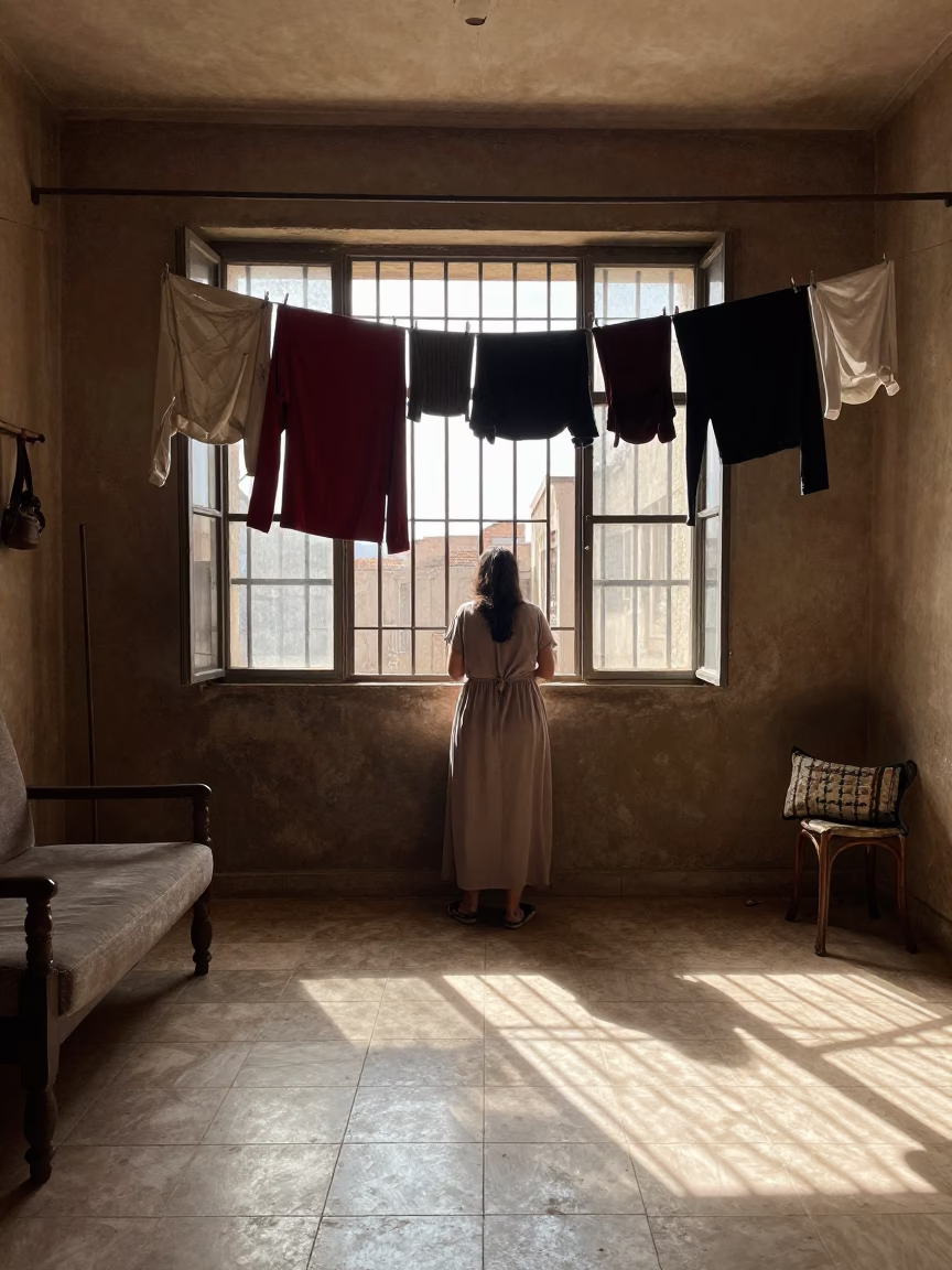 Sunlit Cairo Apartment Interior with Hanging Laundry and Morning Light in in Cairo, Egypt