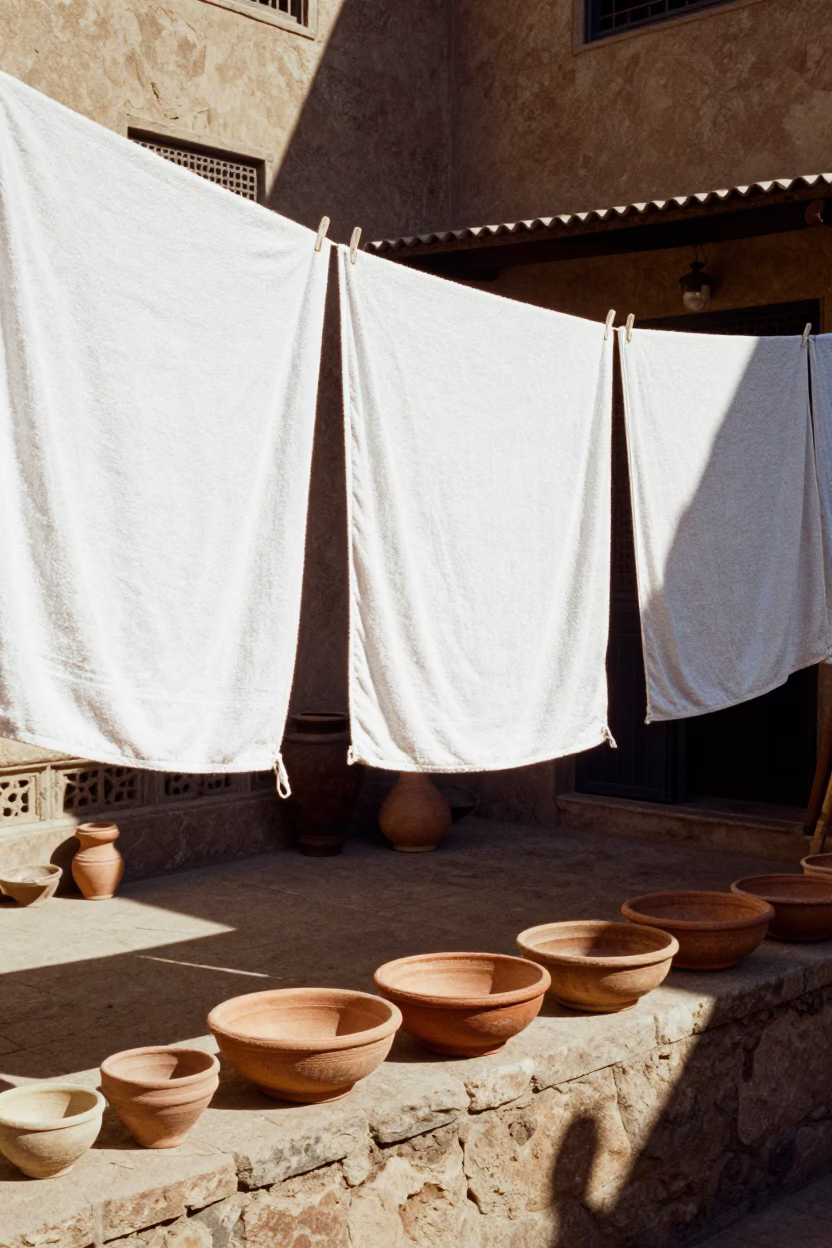 Sunlit Cairo Courtyard With Drying Towels And Terracotta Details In Late Morning Light in in Cairo, Egypt