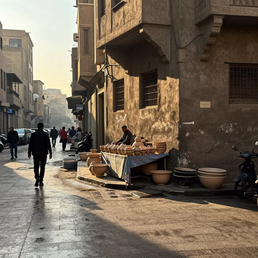 Sunlit Cairo Street Scene with Condensation on Tile and Window Light on Basin Lip in in Cairo, Egypt