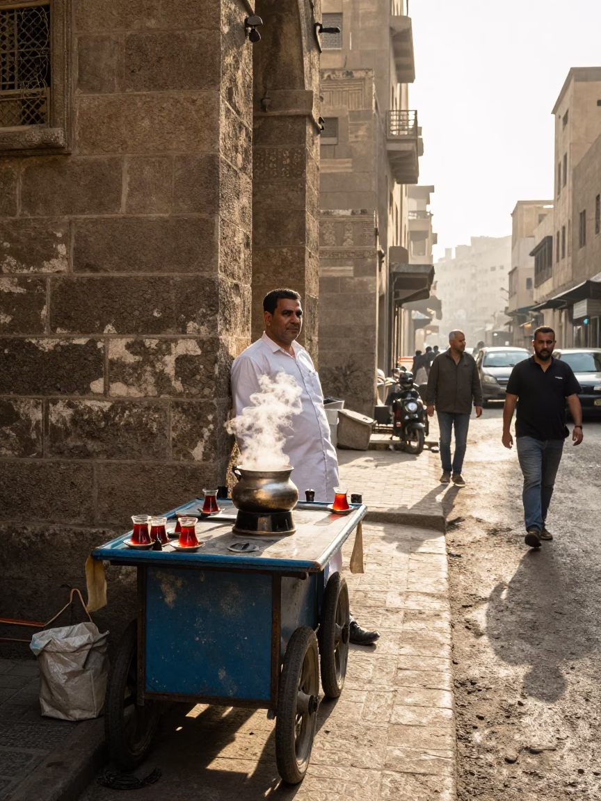 Sunlit Cairo Street Scene with Traditional Tea Service and Local Traffic in in Cairo, Egypt