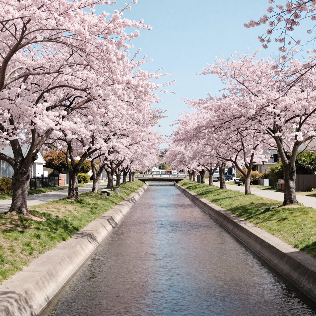Sunlit Canal Path with Blooming Cherry Trees in San Diego California in in San Diego, California, United States
