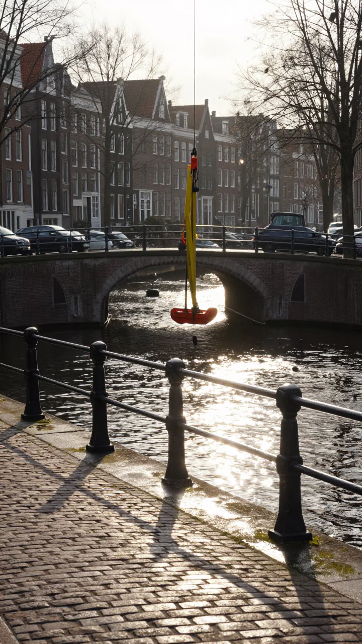 Sunlit Canal Scene in Amsterdam with Bridge Maintenance Cradle and Autumn Vines in in Amsterdam, Netherlands