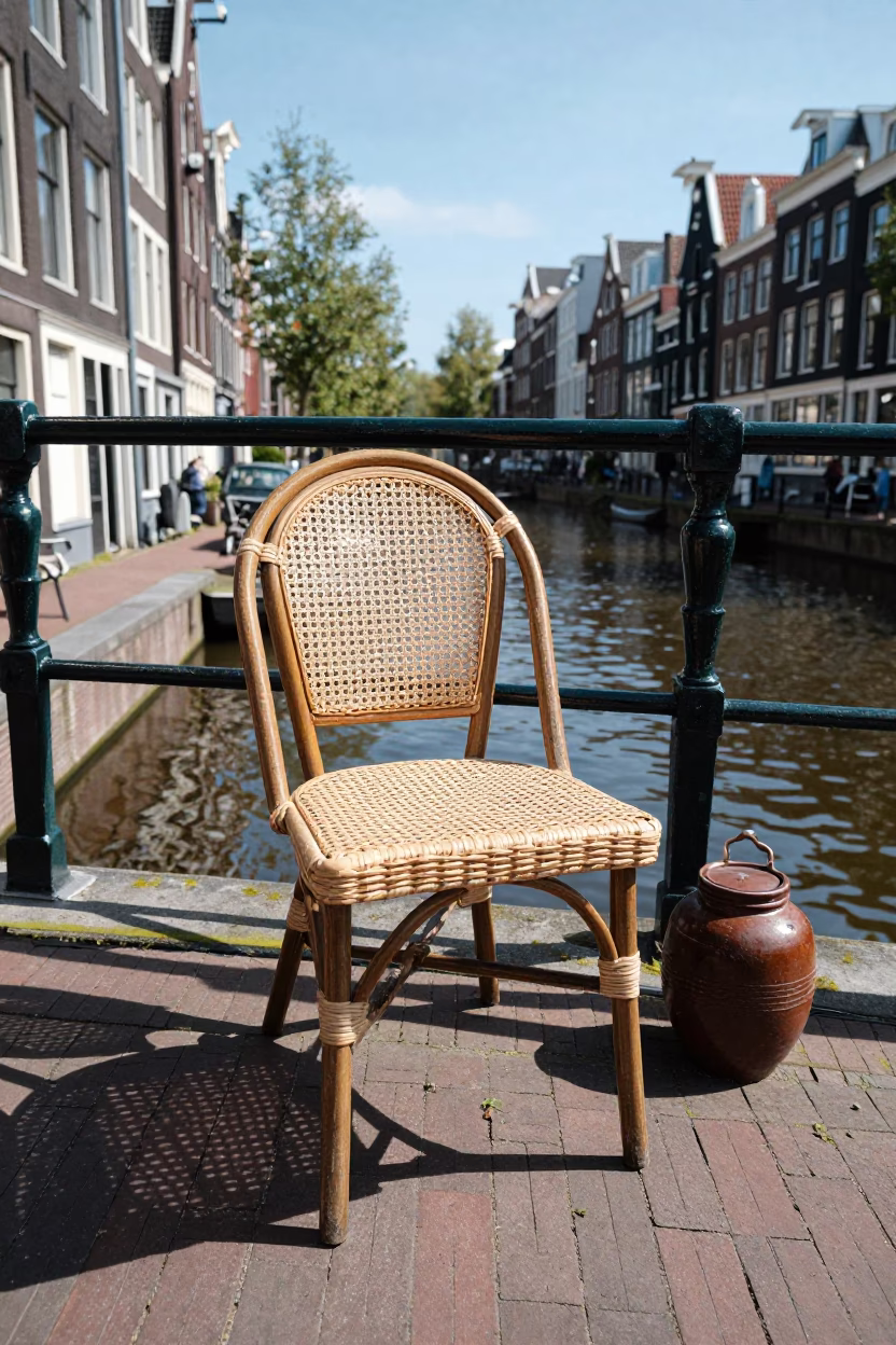 Sunlit Cane Chair and Spice Jar on Amsterdam Canal House Terrace at Noon in in Amsterdam, Netherlands