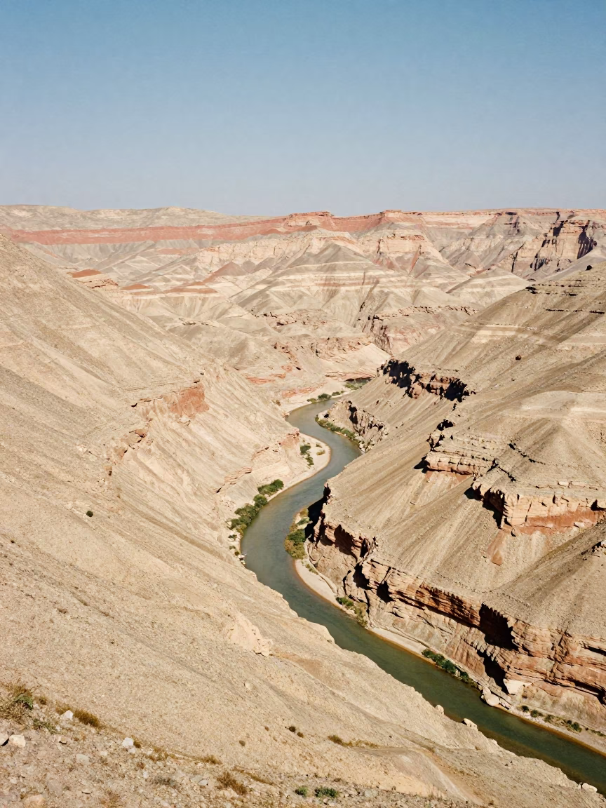 Sunlit Canyon River Ridge Amman Dry Season in from a ridge above layered foothills near Amman