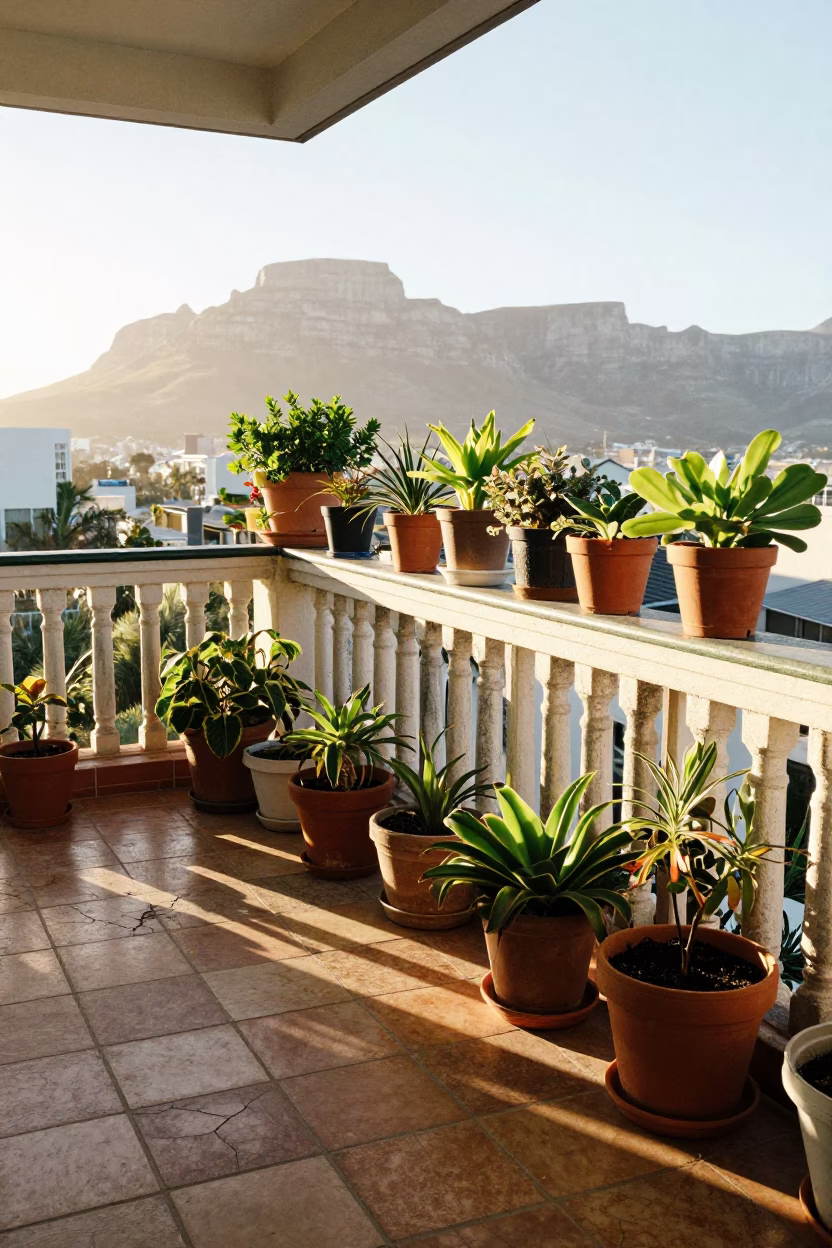 Sunlit Cape Town Balcony Scene with Houseplants and Ceramic Tiles in in Cape Town, South Africa