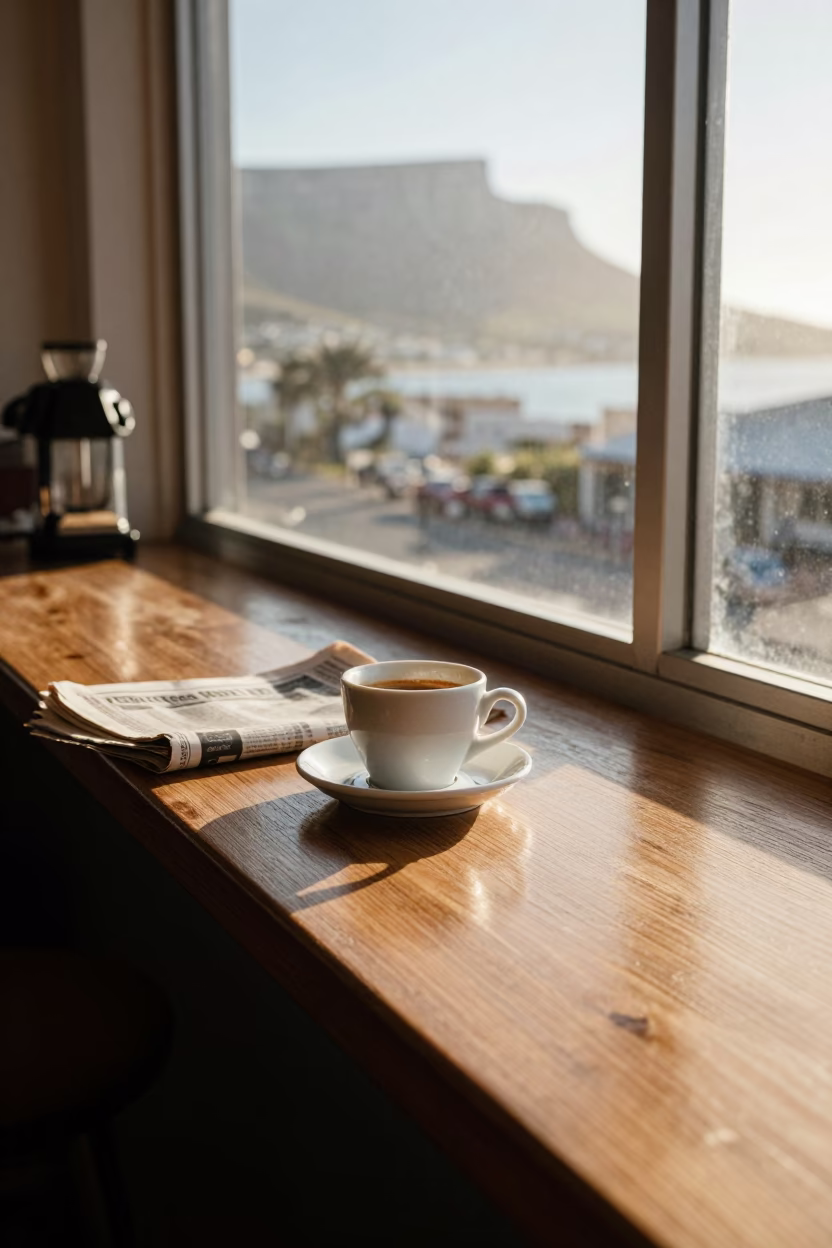 Sunlit Cape Town Cafe Counter with Espresso Cup and Morning Light in in Cape Town, South Africa