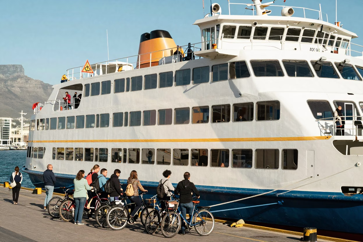 Sunlit Cape Town Dock with Ferry Loading Passengers and Bicycles at Midday in in Cape Town, South Africa