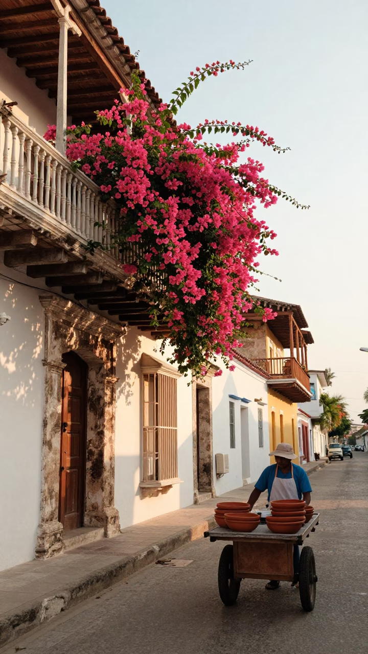 Sunlit Cartagena Street Scene with Bougainvillea and Local Morning Activity in in Cartagena, Colombia