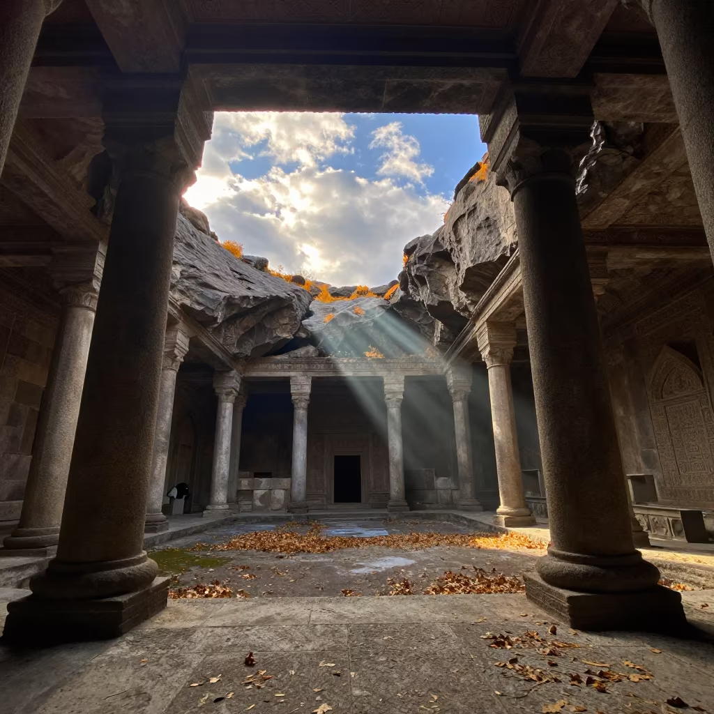 Sunlit Carved Columns in Rock-Hewn Church Courtyard in in a temple courtyard near Türkmenabat