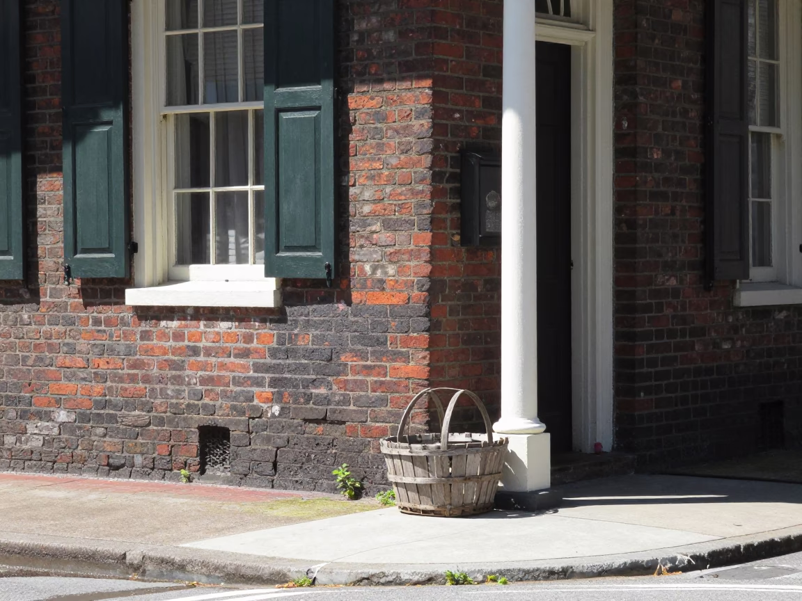 Sunlit Charleston Street Corner with Brick Architecture and Local Details in in Charleston, South Carolina, United States