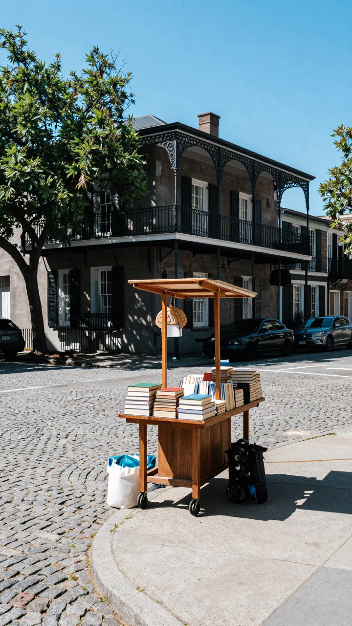 Sunlit Charleston Street Corner with Vendor and Vintage Goods Display in in Charleston, South Carolina, United States