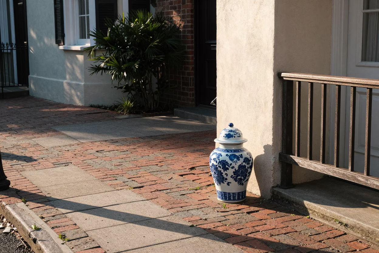 Sunlit Charleston Street Scene with Blue Porcelain Jar and Olives on Historic Porch in in Charleston, South Carolina, United States
