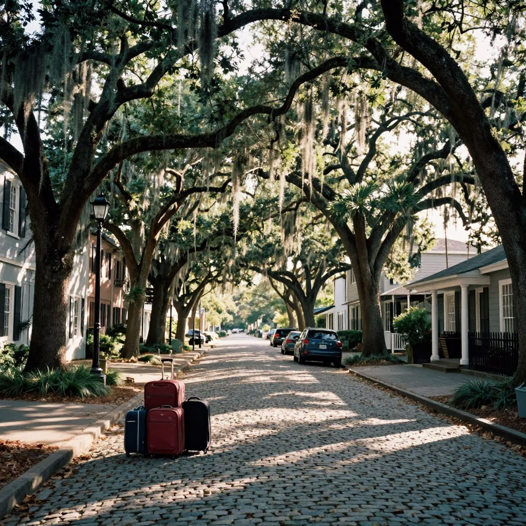 Sunlit Charleston Street Scene with Traveler Suitcases and Historic Architecture in in Charleston, South Carolina, United States