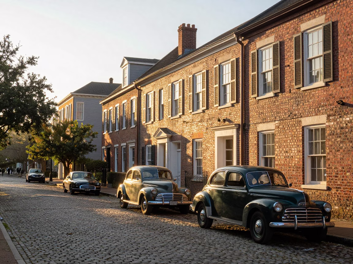 Sunlit Charleston Street Scene with Vintage Cars and Historic Architecture in in Charleston, South Carolina, United States