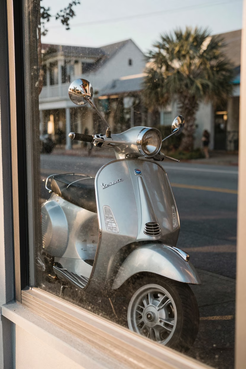 Sunlit Charleston Street Scene with Vintage Scooter Reflection and Cobblestone Details in in Charleston, South Carolina, United States