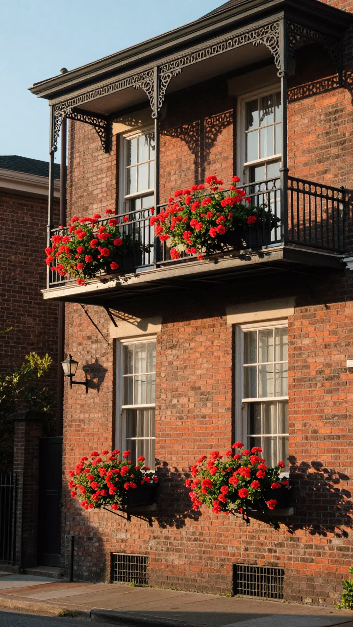 Sunlit Charleston Street Scene with Window Boxes and Historic Architecture at Dawn in in Charleston, South Carolina, United States
