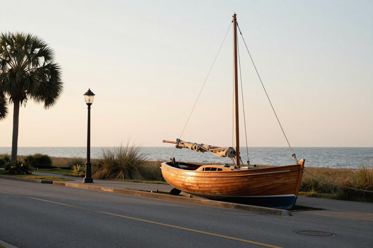 Sunlit Charleston Street Scene with Wooden Sailboat and Coastal Details in in Charleston, South Carolina, United States