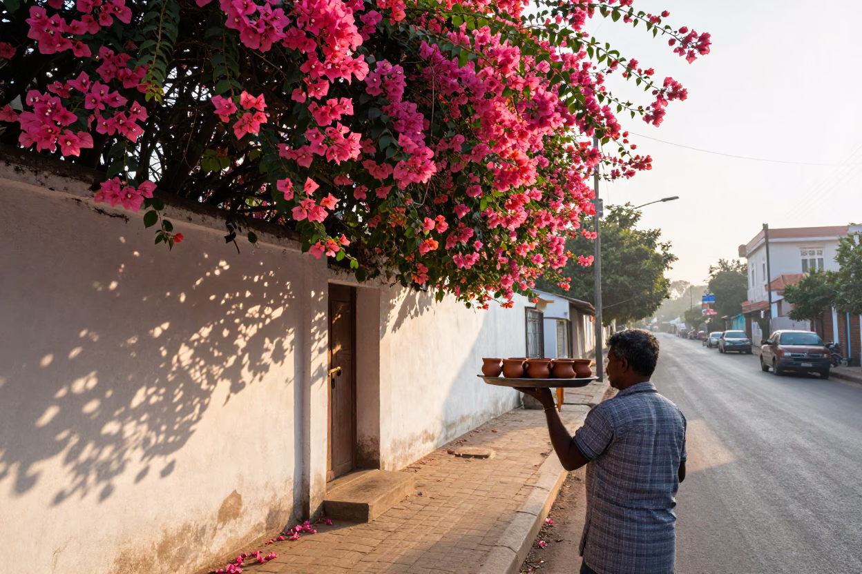 Sunlit Chennai Street Scene with Bougainvillea and Morning Tea Vendor in in Chennai, India