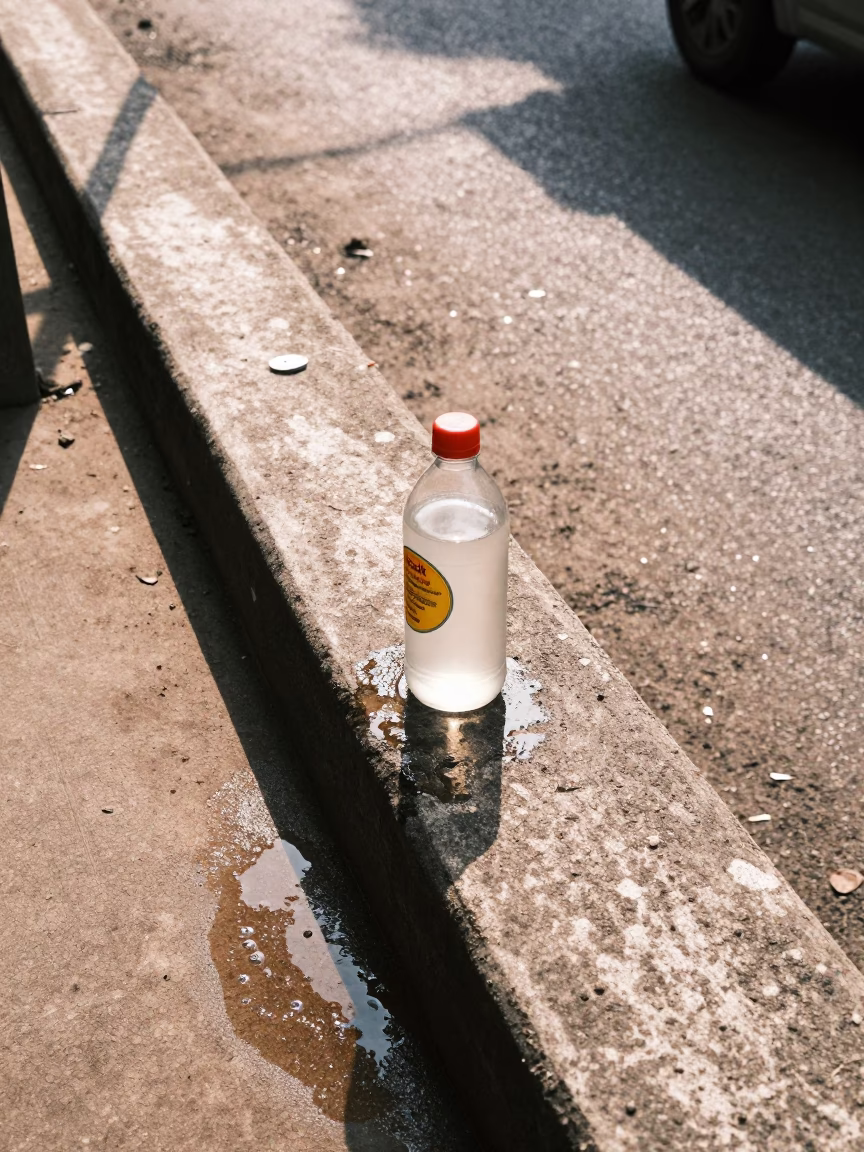 Sunlit Chennai Street Scene with Soap Bottle and Water Rings in Early Afternoon Light in in Chennai, India