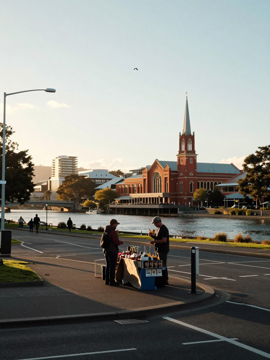 Sunlit Christchurch Street Scene with Kite Festival and Urban Details in in Christchurch, New Zealand