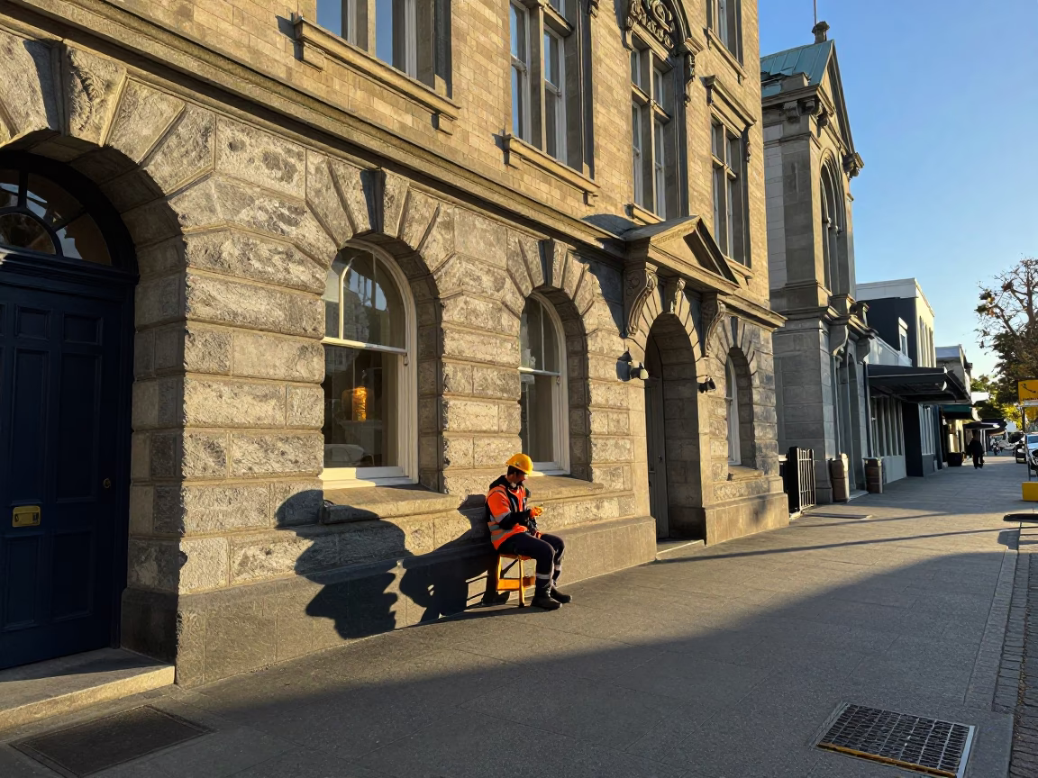 Sunlit Christchurch Street Scene with Spirit Level and Local Architecture in in Christchurch, New Zealand
