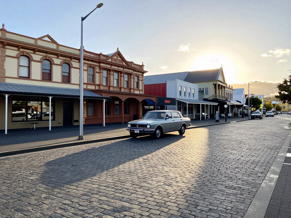 Sunlit Christchurch Street Scene with Vintage Car and Local Pedestrians in in Christchurch, New Zealand