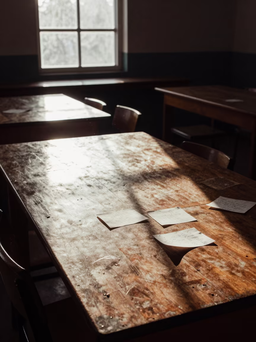 Sunlit Classroom Desks in Kisumu Late Afternoon in at a seminar table covered in notes in Kisumu