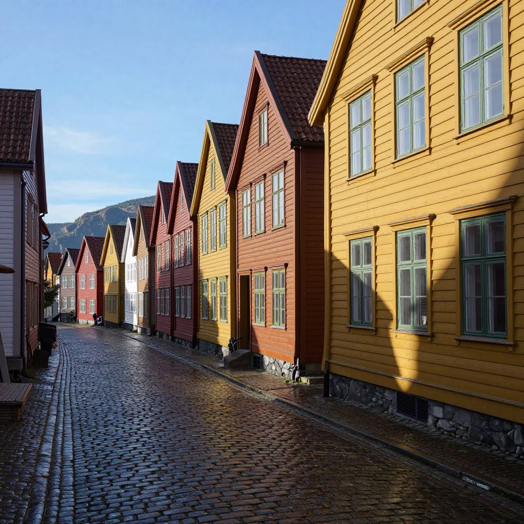 Sunlit Cobblestone Alley in Bergen Norway with Colorful Wharf Houses and Tramcar in in Bergen, Norway