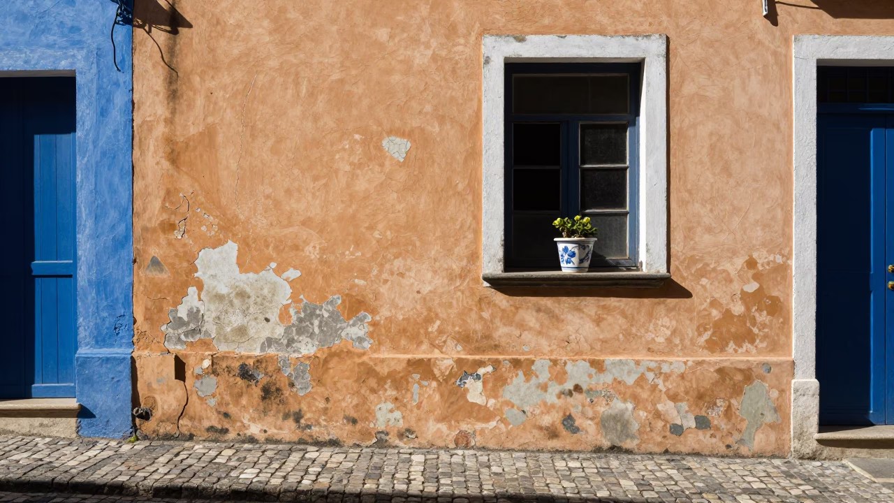 Sunlit Cobblestone Alley with Cracked Stucco and Blue Porcelain in Rio in in Rio de Janeiro, Brazil