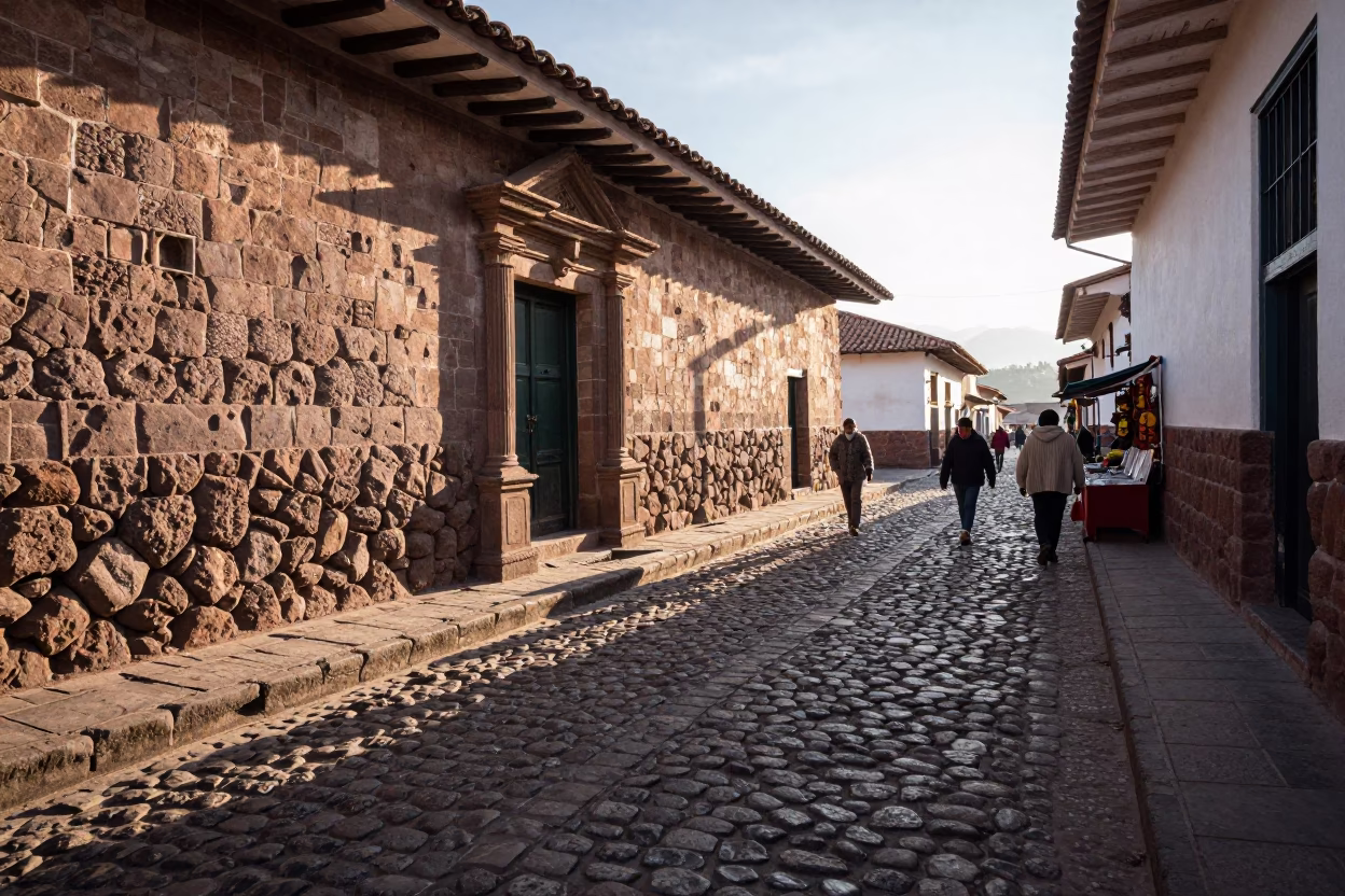 Sunlit Cobblestone Street in Cusco Peru with Traditional Stone Walls and Local Morning Activity in in Cusco, Peru