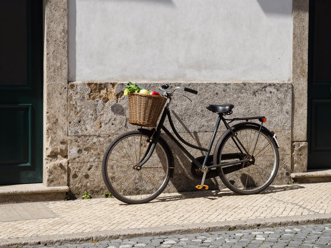 Sunlit Cobblestone Street in Porto Portugal with Vintage Bicycle Basket and Glazed Ceramic Tiles in in Porto, Portugal