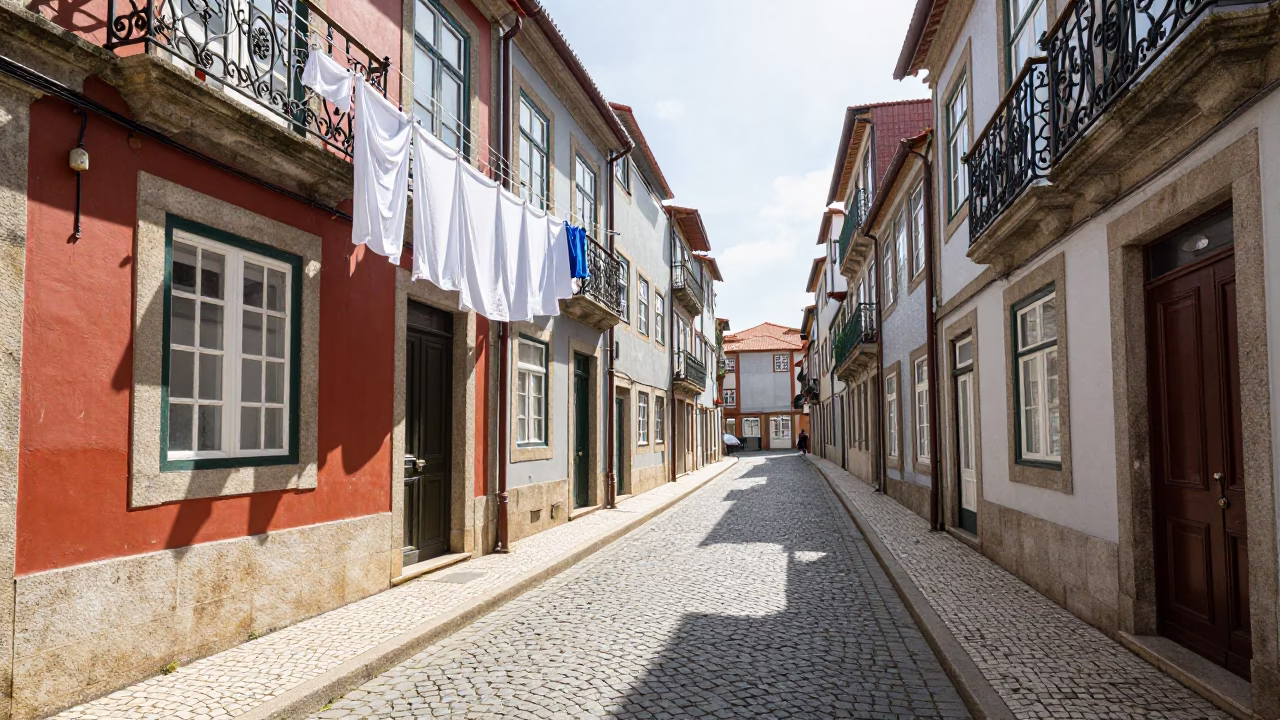 Sunlit Cobblestone Street in Porto With Laundry Hanging and Window Boxes in in Porto, Portugal