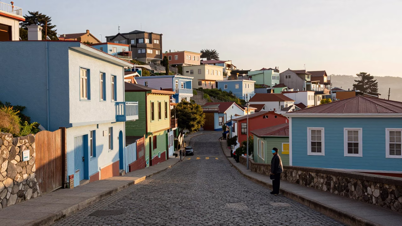 Sunlit Cobblestone Street in Valparaiso Chile with Colorful Hillside Houses and Morning Light in in Valparaiso, Chile