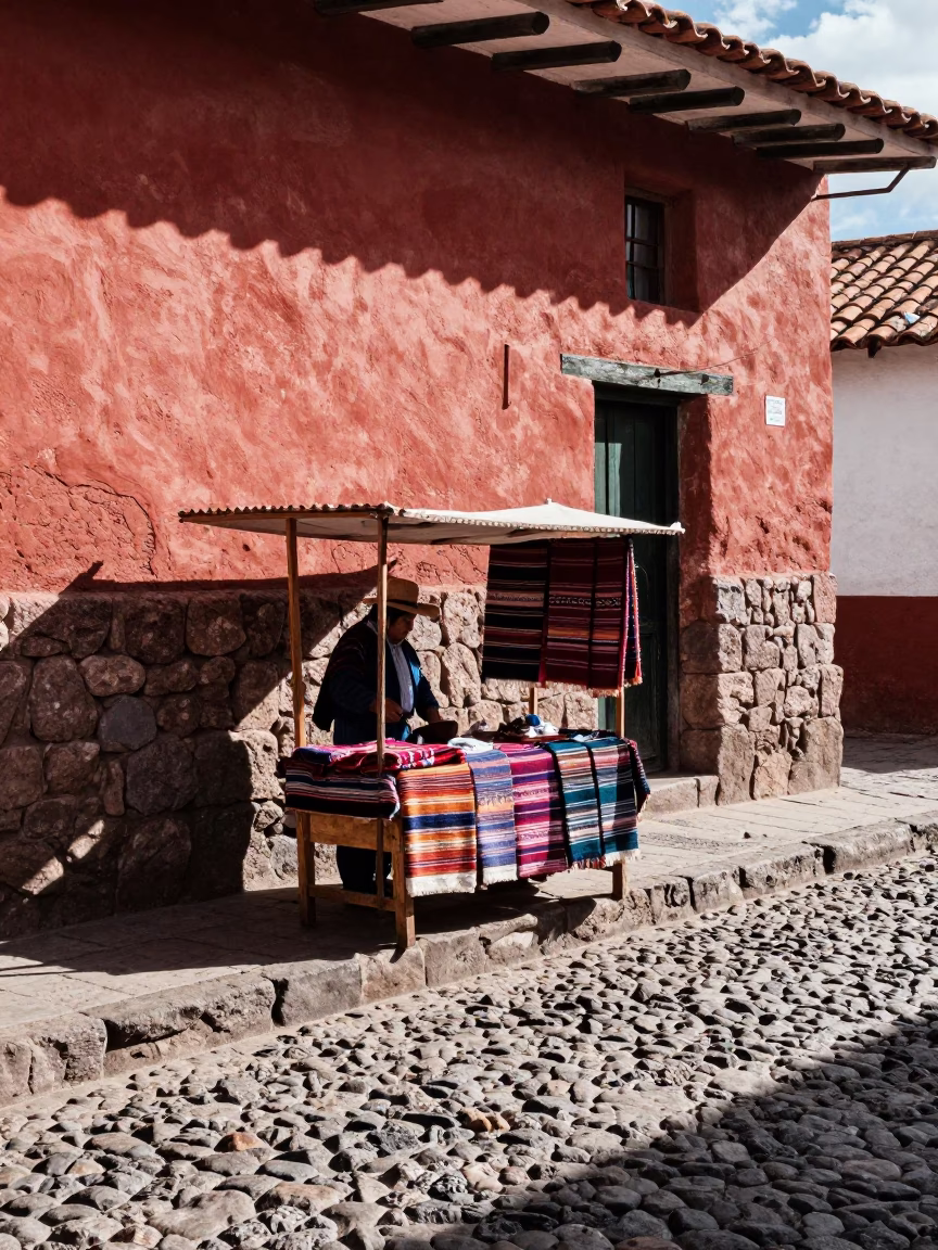 Sunlit Cobblestone Street Scene in Cusco Peru with Traditional Market Stall and Local Vendor in in Cusco, Peru