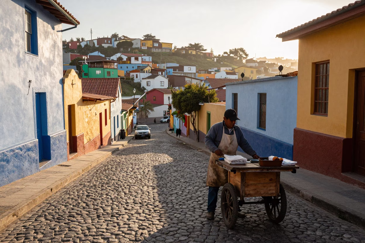 Sunlit Cobblestone Street Scene in Valparaiso Chile with Local Vendor and Vintage Elements in in Valparaiso, Chile