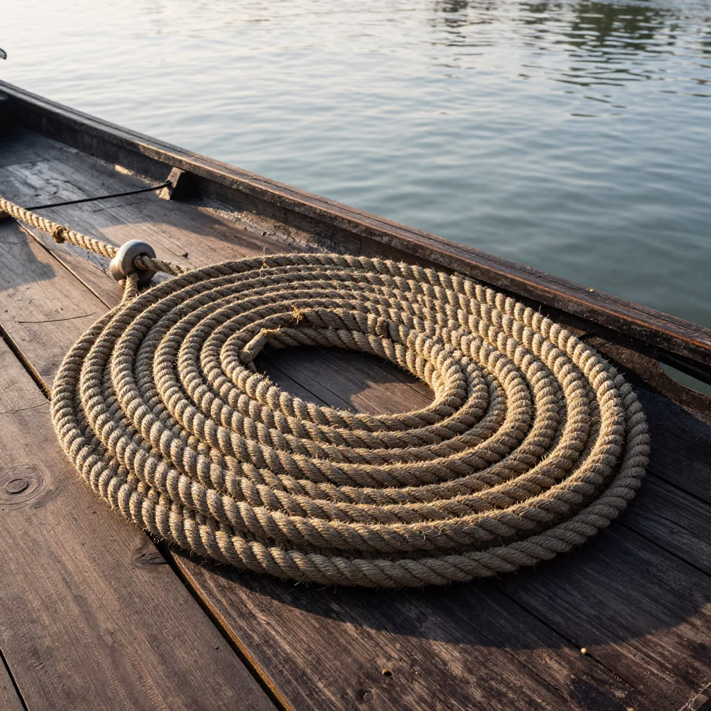 Sunlit Coiled Rope on Kerala Backwater Houseboat Dock at Dawn in Kochi India in in Kochi, India