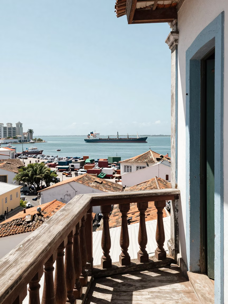 Sunlit Colonial Balcony View of Salvador Brazil Harbor and Cargo Ship Horizon in in Salvador, Brazil