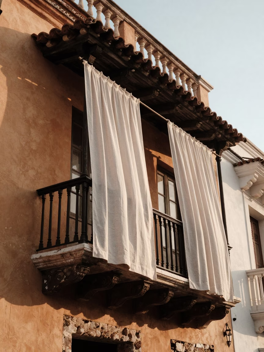 Sunlit Colonial Balcony with Linen Curtains in Cartagena Colombia in in Cartagena, Colombia