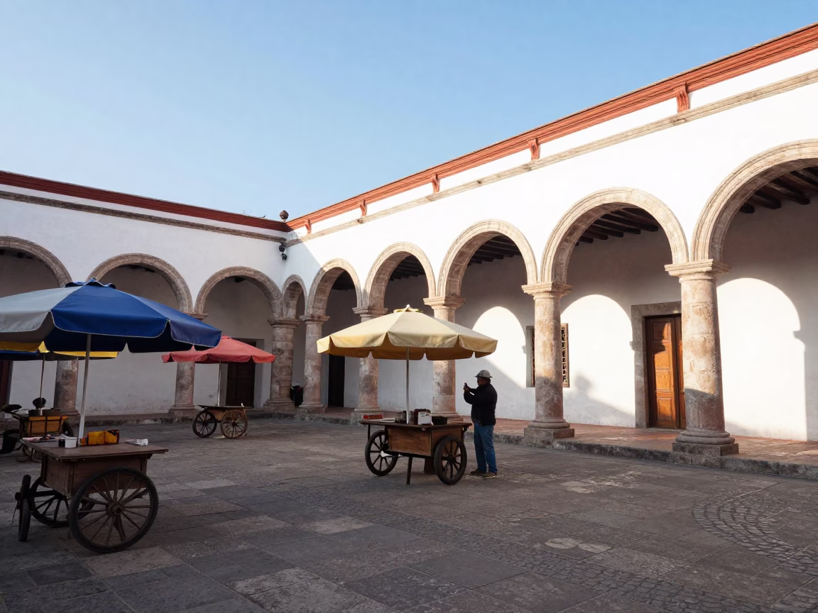 Sunlit Colonial Courtyard in Merida Mexico Morning Market Scene with Umbrellas and Pitchers in in Merida, Mexico