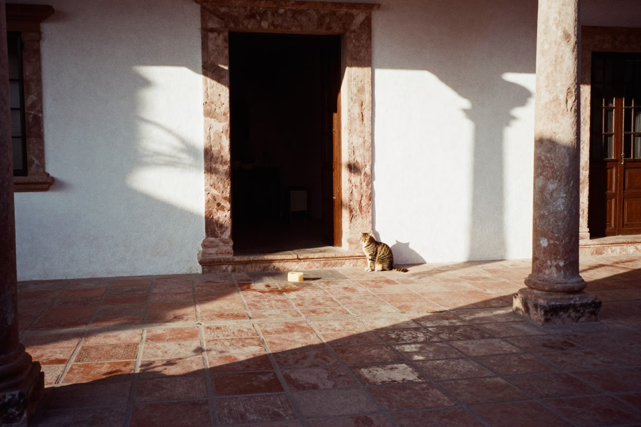Sunlit Colonial Courtyard in Merida Mexico with Tabby Cat and Soap Bottle in in Merida, Mexico